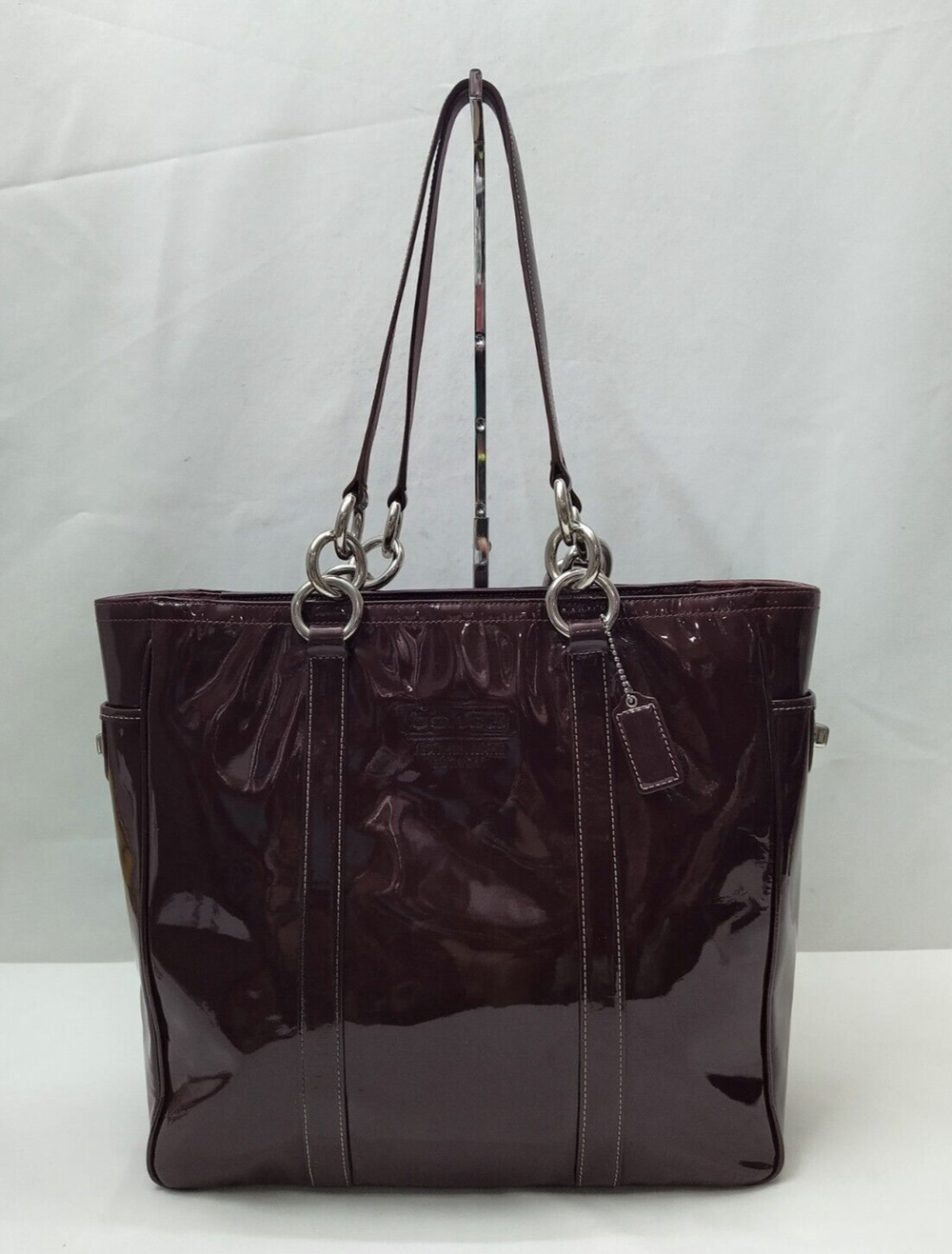 Coach Galaxy Purple Plum Patent Leather Tunrlock Pocket Double Handle Tote Bag - Picture 1 of 16